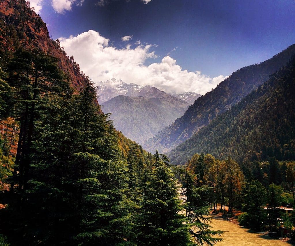 Forested Parvati Valley in the Himalayas with snow-capped peaks under clouds in the distance
