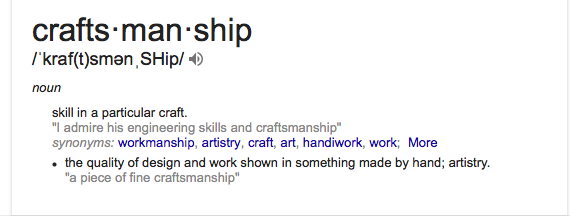 Dictionary entry defining craftsmanship as “skill in a particular craft,” with pronunciation and synonyms
