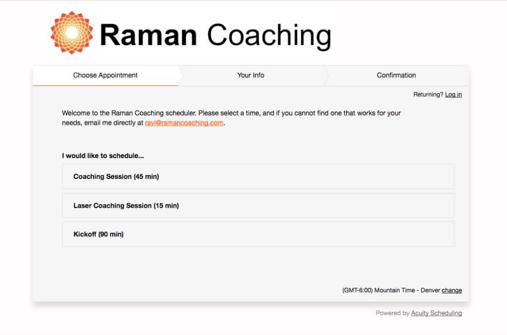 Raman Coaching scheduling page listing coaching session options, powered by Acuity Scheduling