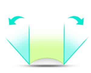 Graphic of teal arrows curving outward from a screen, illustrating a webcam's wide-angle view
