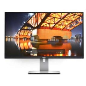 Dell 27-inch monitor with thin bezels displaying a night scene of an illuminated bridge