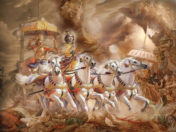 Painting of Krishna and Arjuna riding a chariot drawn by four white horses across the Kurukshetra battlefield