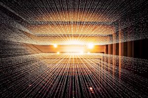 Abstract streams of golden light dots converging toward a bright glowing center