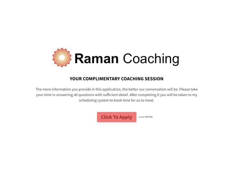 Raman Coaching application form for a complimentary coaching session with a Click To Apply button