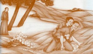Illustration of a Zen monk carrying a woman across a river while another monk watches from the bank